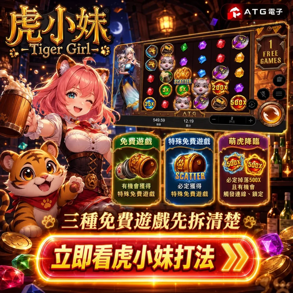 虎小妹老虎機打法介紹圖，整理ATG虎小妹玩法、三種免費遊戲、Scatter觸發、500倍獎勵特色與虎小妹老虎機新手攻略。